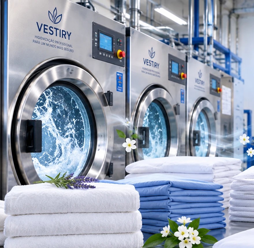 Lavanderia industrial Vestiry — máquinas em operação e enxoval dobrado